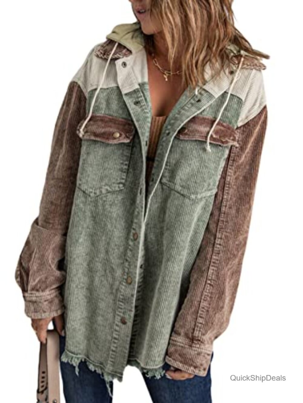 Corduroy Shacket Jacket Long Sleeve Button Down Hooded Coat with Pockets